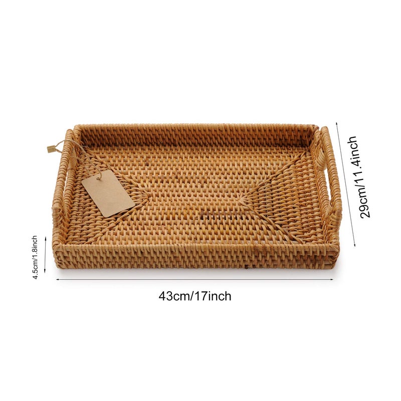 DECRAFTS Hand-Woven Rattan Rectangular Serving Tray with Handles for Breakfast, Drinks, Snack for Coffee Table (17x11.4x1.8inches) - Image 4